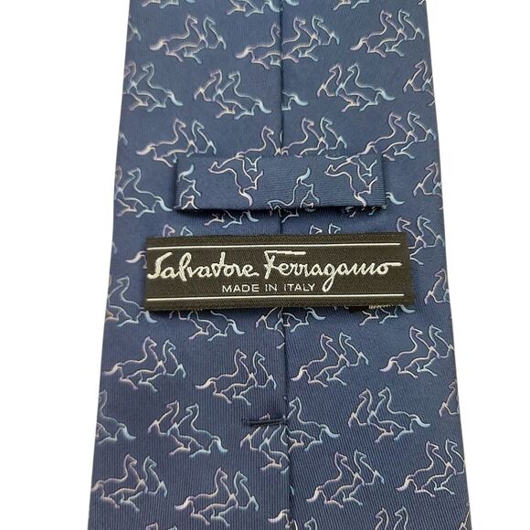 Salvatore Ferragamo Tie Mens Blue Silk Narrow Luxury Designer Made in Italy - Picture 10 of 13